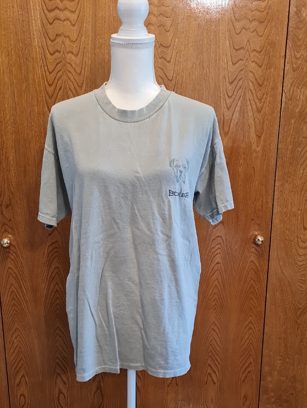 Gildan Short-Sleeve Tee in Sage Green/Gray with Boxer Dog Graphic